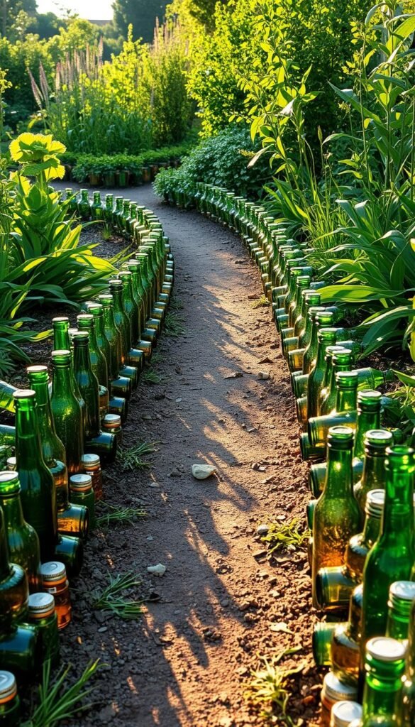 A garden path framed by neatly arranged recycled glass bottles, their bottoms facing up to create a shimmering, mosaic-like edging. The bottles are a mix of clear, green, and amber hues, capturing the warm glow of the afternoon sun. The scene has a rustic, yet intentional feel, with the bottles carefully placed to create a cohesive and visually appealing border. The path winds through a lush, verdant garden, the bottles contrasting beautifully with the vibrant foliage. The image is shot from a low angle, emphasizing the textural and reflective qualities of the recycled glass, creating a sense of depth and dimension.