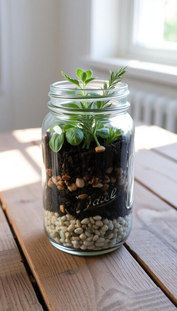 A glass mason jar filled with various layers of potting soil, small pebbles, and different herbs such as basil, rosemary, and thyme. The jar is placed on a rustic wooden surface, with natural light streaming in from a nearby window, casting soft shadows and highlighting the textures of the materials. The composition is clean and minimal, with a focus on the jar's contents and the simplicity of the layering process. The mood is serene and natural, evoking the feeling of a carefully curated indoor herb garden.