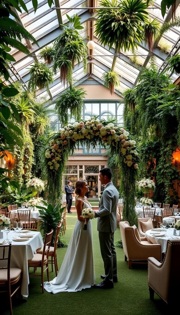 A grand indoor garden venue, lush with verdant foliage and natural light filtering through skylights. In the foreground, a couple stands beneath a stunning floral arch, their wedding attire crisp and radiant. The middle ground showcases elegant table settings and decor, protected from the elements by the venue's weatherproof design. In the background, a cozy lounge area with plush seating invites guests to relax and enjoy the serene, nature-inspired ambiance. Soft, warm lighting casts a romantic glow, while the architecture seamlessly blends the indoors and outdoors. This weather-proof wedding haven exudes a sense of timeless sophistication and tranquility, perfectly suited for an unforgettable celebration.