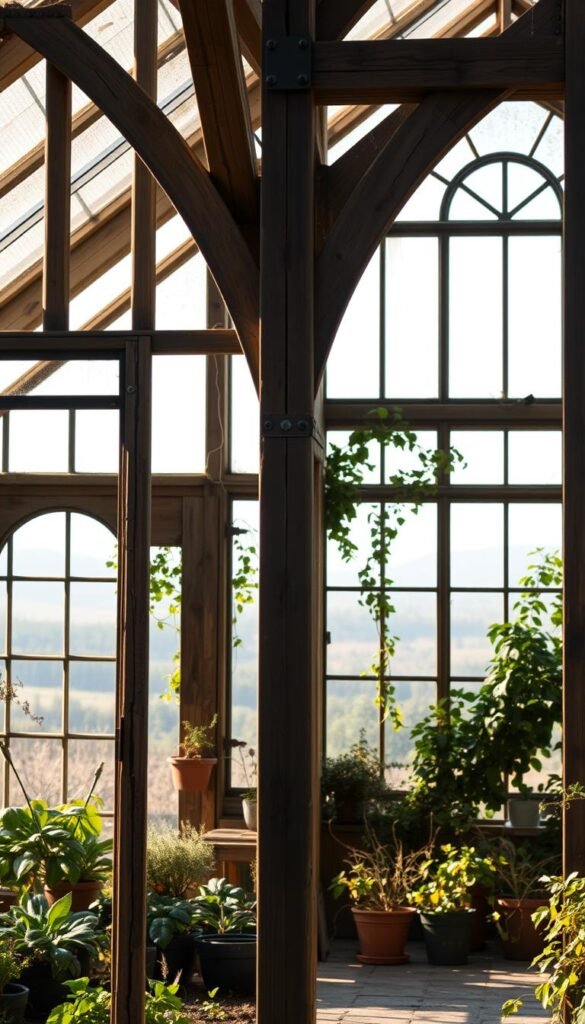 A greenhouse frame constructed with vintage wooden beams and antique cast-iron connectors, illuminated by warm natural light streaming through large, arched windows. The frame stands tall in the foreground, its intricate joints and weathered texture inviting closer inspection. In the middle ground, potted plants and climbing vines accentuate the verdant, greenhouse atmosphere. The background fades into a soft, hazy landscape, hinting at the tranquil, timeless setting. The overall scene conveys a sense of rustic charm and enduring craftsmanship, reflecting the timeless appeal of antique greenhouse structures.