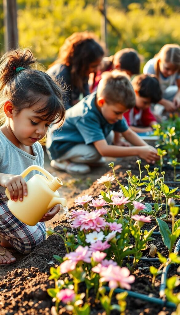 A group of diverse children diligently tending to a vibrant garden, their faces alight with concentration and a sense of responsibility. In the foreground, a young girl carefully waters a row of blooming flowers, her expression focused and determined. In the middle ground, a boy crouches, gently pulling weeds from the soil, his brow furrowed with care. Behind them, a mixed-age ensemble of children work together to construct a garden bed, their teamwork and collaboration evident. The scene is bathed in warm, golden natural light, casting a nurturing glow over the budding plants and the children's engaged expressions. The overall atmosphere conveys a sense of wonder, education, and the cultivation of life skills through hands-on gardening.