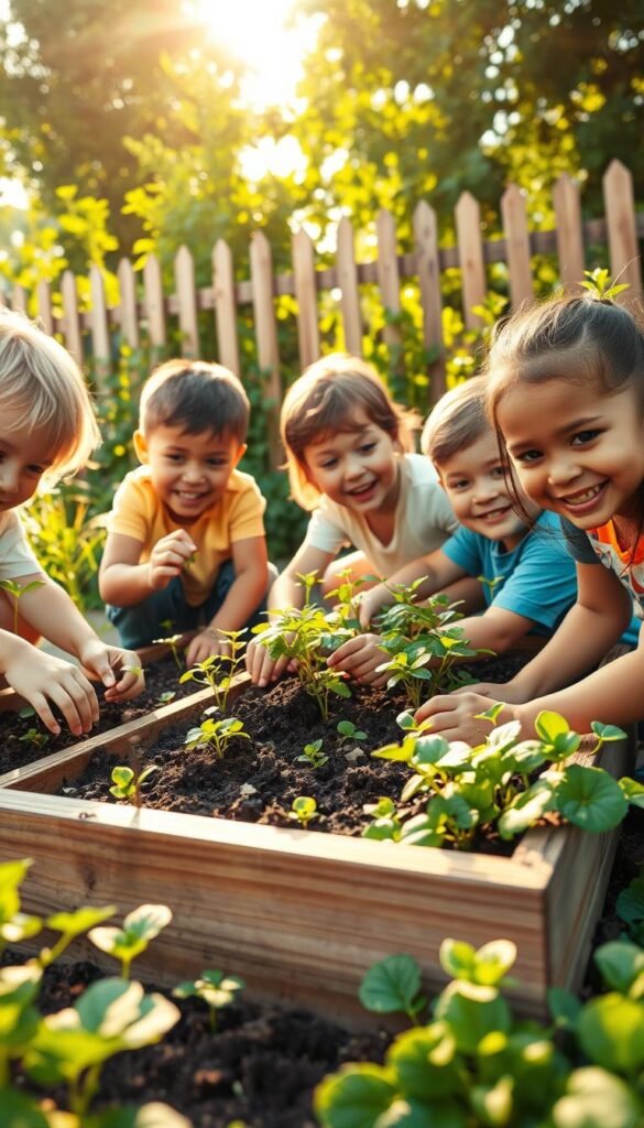 A group of joyful children enthusiastically tending to a vibrant garden, their hands immersed in the rich soil as they plant seedlings and tend to the budding flowers. Warm afternoon sunlight filters through the lush foliage, casting a gentle glow over the scene. In the middle ground, a wooden planter box overflows with thriving greenery, while in the background, a picturesque fence frames the garden's verdant expanse. The children's expressions exude a sense of wonder and discovery, embodying the spirit of learning through hands-on exploration. Captured with a wide-angle lens, this idyllic outdoor setting showcases the harmony between children and nature, promoting physical wellness and the joy of gardening.
