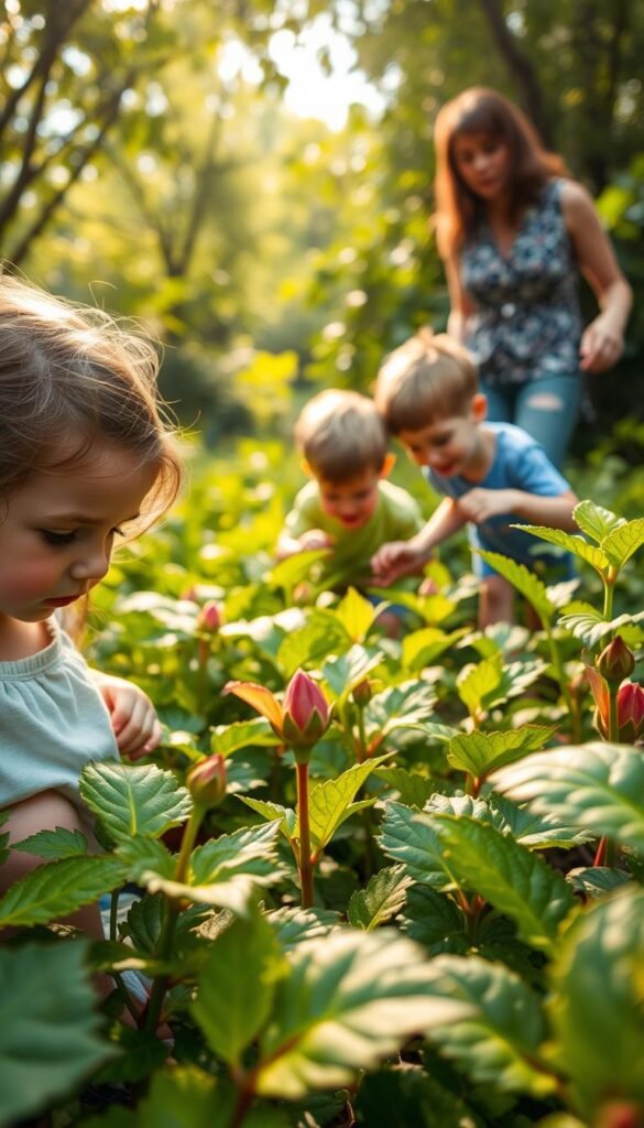 A group of young children explore a lush garden, their eyes filled with wonder as they examine the intricate textures and vibrant colors of the plants around them. In the foreground, a girl crouches to inspect a budding flower, her brow furrowed in concentration. In the middle ground, two boys scurry through the foliage, their hands outstretched to touch the soft, velvety leaves. In the background, a teacher guides the children, encouraging them to observe and discover the natural world. Soft, diffused sunlight filters through the canopy, casting a warm, inviting glow over the scene. The atmosphere is one of curiosity, learning, and the pure joy of outdoor exploration.