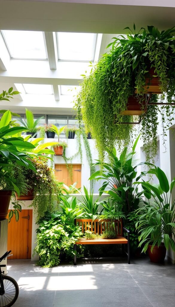 A harmonious indoor ecosystem, where lush foliage and natural light create a serene oasis. In the foreground, a well-curated arrangement of vibrant plants cascades from elevated planters, their leaves gently swaying. The middle ground features a wooden bench enveloped by greenery, inviting one to pause and immerse in the tranquil ambiance. Overhead, skylights flood the space with warm, diffused sunlight, casting soft shadows and enhancing the verdant hues. The background showcases clean, minimalist architecture, seamlessly integrating the natural elements into the structural design. A balance of form and function, this image captures the essence of indoor garden architecture, where plant life and built environment coexist in perfect harmony.