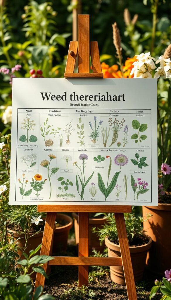 A high-quality, detailed botanical illustration of a "Weed Identification Chart" in a natural, garden setting. The chart features carefully drawn depictions of common weed species, each with clear labels and identifying characteristics. The chart is presented on a wooden easel against a lush, verdant backdrop of potted plants, flowers, and greenery. Warm, natural lighting illuminates the scene, creating a educational yet visually appealing composition. The overall mood is one of helpful guidance and appreciation for the beauty of nature, reflecting the "Beginner's Guide to Identifying Common Garden Weeds" theme.