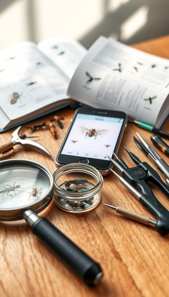 A high-quality, detailed image of a variety of insect identification tools arranged on a wooden table. In the foreground, a magnifying glass, tweezers, and a jar containing preserved specimens. In the middle ground, a field guide book and a smartphone with a digital insect identification app open. The background features a clean, natural-lit setting with soft shadows, highlighting the tools' textures and materials. The overall mood is educational and informative, conveying the tools needed for effective insect identification.