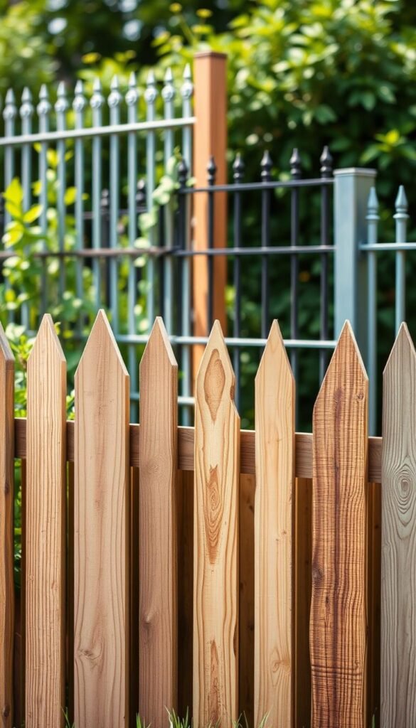 A high-quality, detailed image of various fence material options, showcasing a variety of textures and styles, shot in natural daylight with a shallow depth of field. The foreground displays a selection of wooden fencing, including cedar, pine, and treated lumber, with varying grains and finishes. The middle ground features metal fencing options, such as wrought iron, aluminum, and galvanized steel, in different designs and heights. The background subtly blends in a backdrop of lush greenery, providing a serene and natural setting to highlight the fence materials. The overall mood is one of thoughtful consideration, inviting the viewer to explore the diverse possibilities for creating a custom and stylish garden fence.