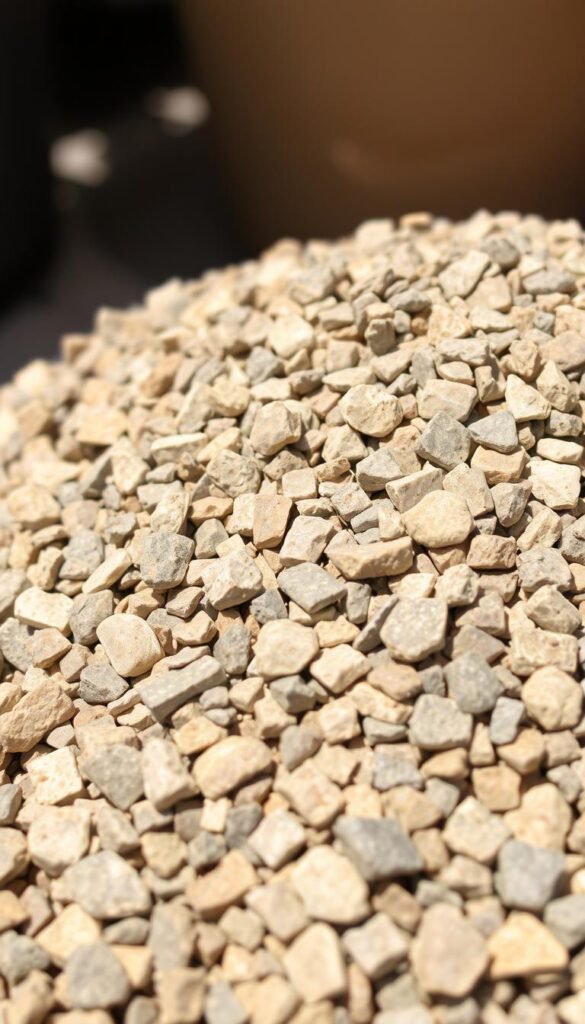 A high-resolution, detailed close-up photograph of a pile of coarse, angular grit particles for potting soil drainage, shot with a macro lens under bright, diffused natural lighting. The grit is composed of various-sized, irregularly shaped pebbles and gravel in shades of gray, tan, and brown, with a rough, textured surface. The foreground is in sharp focus, while the background is softly blurred. The lighting creates shadows and highlights that accentuate the granular structure and individual pieces of the grit. The image conveys the utilitarian, mineral-based nature of this soil amendment, highlighting its practical function for improving drainage in heavy, compacted soils.