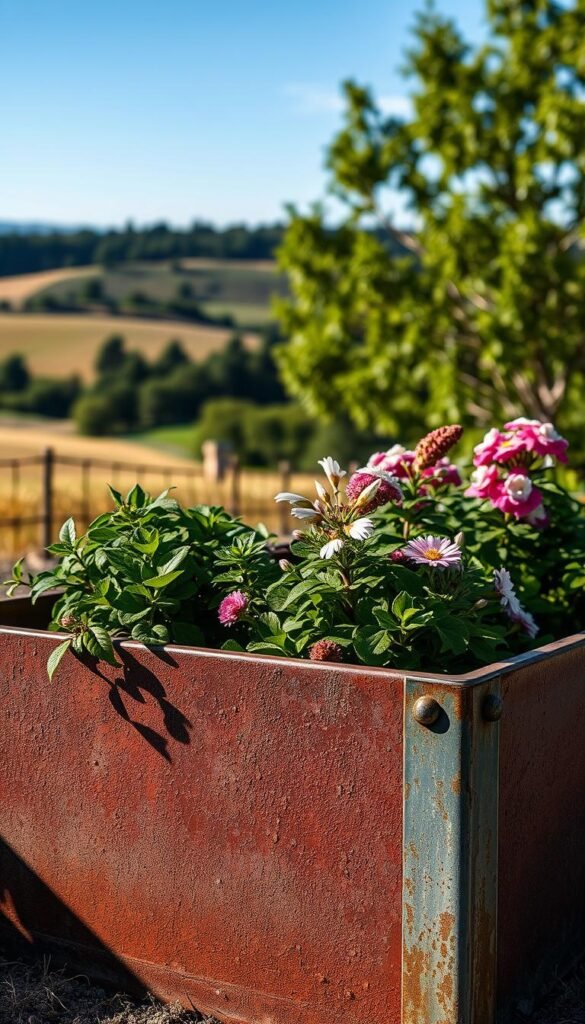 A highly detailed, photorealistic image of a sturdy, weathered metal garden bed against a natural backdrop. The bed is made of thick, industrial-grade steel with a rugged, textured surface that conveys durability and longevity. Sunlight casts dramatic shadows, highlighting the bed's angular, utilitarian design. In the middle ground, lush green foliage and flowering plants spill over the bed's edges, contrasting the hardy metal construction. The background features a blurred landscape of rolling hills, trees, and a clear, blue sky, creating a serene, pastoral atmosphere. The overall scene emphasizes the metal bed's ability to withstand the elements and provide a long-lasting, low-maintenance gardening solution.