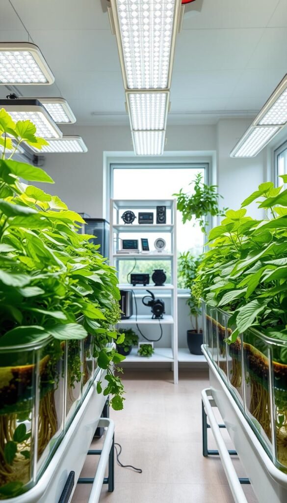 A hydroponic indoor garden setup with lush, vibrant plants thriving in a clean, modern space. In the foreground, transparent grow tanks filled with nutrient-rich water support the roots of leafy greens and herbs. Overhead, an array of full-spectrum LED grow lights cast an even, natural-looking illumination. The middle ground showcases a sleek, minimalist shelving unit displaying various hydroponic components like pumps, timers, and monitoring sensors. In the background, a large window allows natural daylight to filter in, creating a bright, airy atmosphere conducive to healthy plant growth. The scene conveys a sense of tranquility and effortless cultivation, inviting the viewer to imagine the joys of hydroponic gardening.