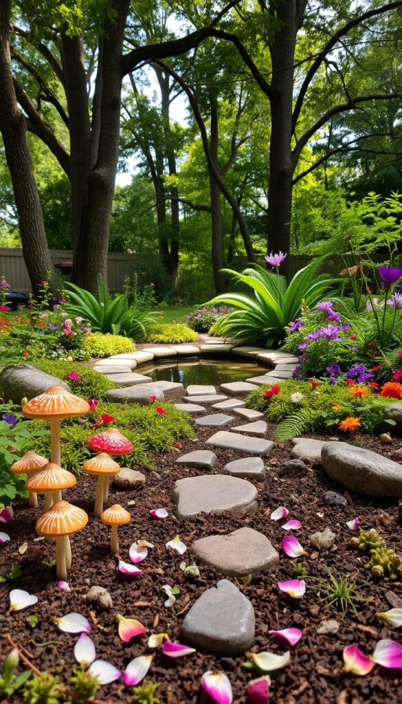A lush and enchanting fairy garden, nestled in a serene backyard setting. In the foreground, a whimsical arrangement of miniature mushrooms, glistening fairy figurines, and delicate flower petals scattered across the ground. The middle ground features a winding path of smooth river stones, leading to a tranquil pond surrounded by verdant ferns and vibrant wildflowers. Towering trees in the background create a canopy of dappled sunlight, casting a warm, magical glow over the entire scene. The atmosphere is one of tranquility and wonder, inviting the viewer to step into this enchanted world of imaginative play.