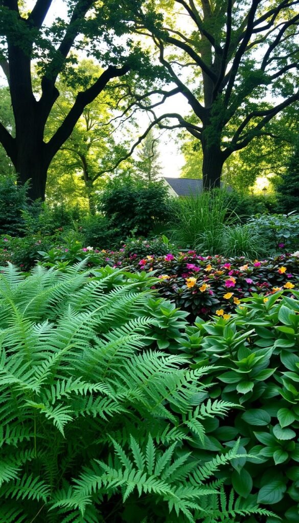 A lush and verdant garden scene, featuring a variety of shade-tolerant plant species thriving in a soft, diffused light. In the foreground, delicate ferns and leafy hostas create a serene, understated tapestry, their leaves gently swaying. The middle ground showcases colorful blooms of begonias, impatiens, and Brunnera, their petals glowing with a gentle luminescence. In the background, towering canopies of oak and maple trees filter the sunlight, casting a warm, dappled glow across the scene. The overall atmosphere is one of tranquility and natural harmony, inviting the viewer to step into this serene, low-light oasis.