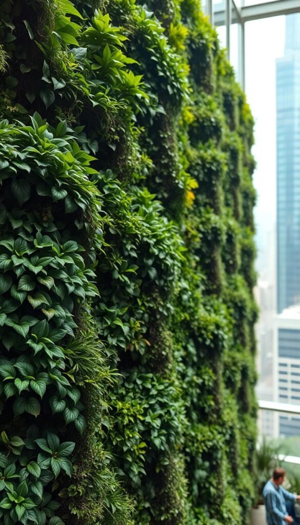 A lush and verdant living wall system, its intricate layers of cascading foliage creating a natural oasis within an urban setting. The foreground showcases a variety of vibrant, textured plants, their leaves gently swaying in the soft, diffused lighting. In the middle ground, the modular wall system is seamlessly integrated, creating a harmonious blend of man-made and natural elements. The background fades into a softly blurred urban cityscape, emphasizing the contrast between the indoor green sanctuary and the surrounding architectural landscape. The scene is captured with a wide-angle lens, highlighting the depth and scale of the living wall, inviting the viewer to immerse themselves in this verdant, biophilic paradise.