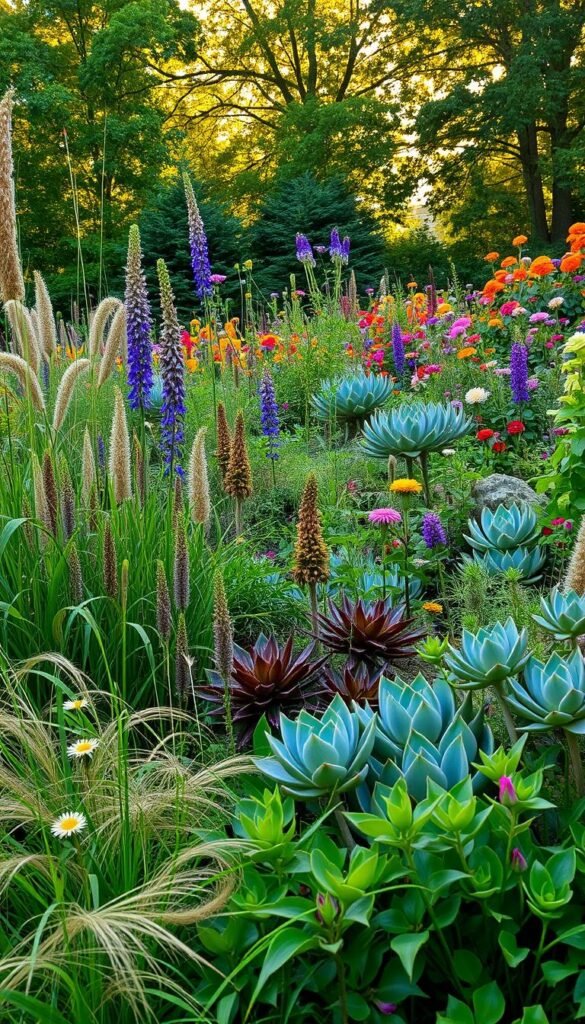 A lush and vibrant chaos garden, filled with a diverse array of essential plants. In the foreground, a wild tangle of foliage - rustling grasses, cascading vines, and towering stalks of flowering perennials. Mid-ground features bold, architectural succulents and ferns, their shapes and textures creating a sense of natural harmony. The background showcases a vibrant riot of color, with clusters of blooming wildflowers in rich hues, bathed in warm, golden sunlight filtering through a canopy of dense, leafy trees. The overall scene conveys a sense of abundant, untamed beauty - a haven for pollinators and a celebration of nature's untamed, resplendent glory.