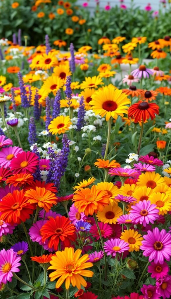 A lush and vibrant flower garden, showcasing a variety of affordable blooms. In the foreground, a colorful arrangement of zinnias, marigolds, and cosmos burst with life, their petals softly illuminated by warm, natural lighting. The middle ground features a mix of cheerful sunflowers and delicate baby's breath, complemented by the subtle hues of lavender and rosemary. In the background, a verdant, low-maintenance border of perennial favorites, such as coneflowers and black-eyed Susans, adds depth and texture to the scene. The overall composition evokes a sense of welcoming charm and budget-friendly beauty, perfect for transforming a bare yard into a stunning and affordable flower garden.