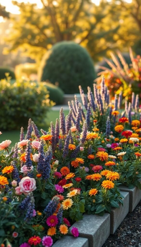 A lush and vibrant garden border, overflowing with a variety of flourishing flowers and greenery. In the foreground, a mix of colorful blooms such as roses, lavender, and marigolds create a captivating display. The middle ground features a well-defined edging element, perhaps made of stone or wood, framing the garden bed and providing a clear visual boundary. In the background, a softly blurred scene of a tranquil outdoor space, with trees and shrubs gently swaying in the breeze. The lighting is warm and natural, casting a golden glow over the entire scene, evoking a sense of coziness and serenity. The overall composition showcases the beauty and functionality of a well-designed garden border, highlighting its ability to enhance the visual appeal and organization of an outdoor space.