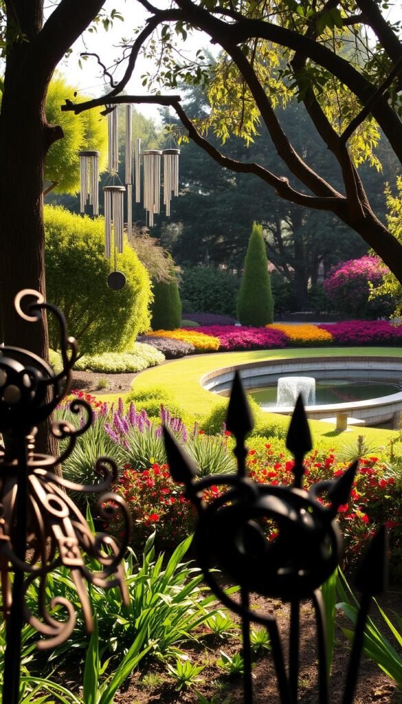 A lush and vibrant garden scene, with intricate metal sculptures in the foreground casting interesting shadows and silhouettes. In the middle ground, an array of soothing wind chimes hang from sturdy tree branches, their gentle movements creating a mesmerizing display. The background features a well-manicured landscape, with colorful flowering plants and a serene pond reflecting the natural light. The overall composition evokes a sense of tranquility and artistic expression, inviting the viewer to pause and appreciate the harmonious blend of nature and human creativity. Soft, diffused lighting casts a warm, golden glow, creating a welcoming and serene atmosphere.