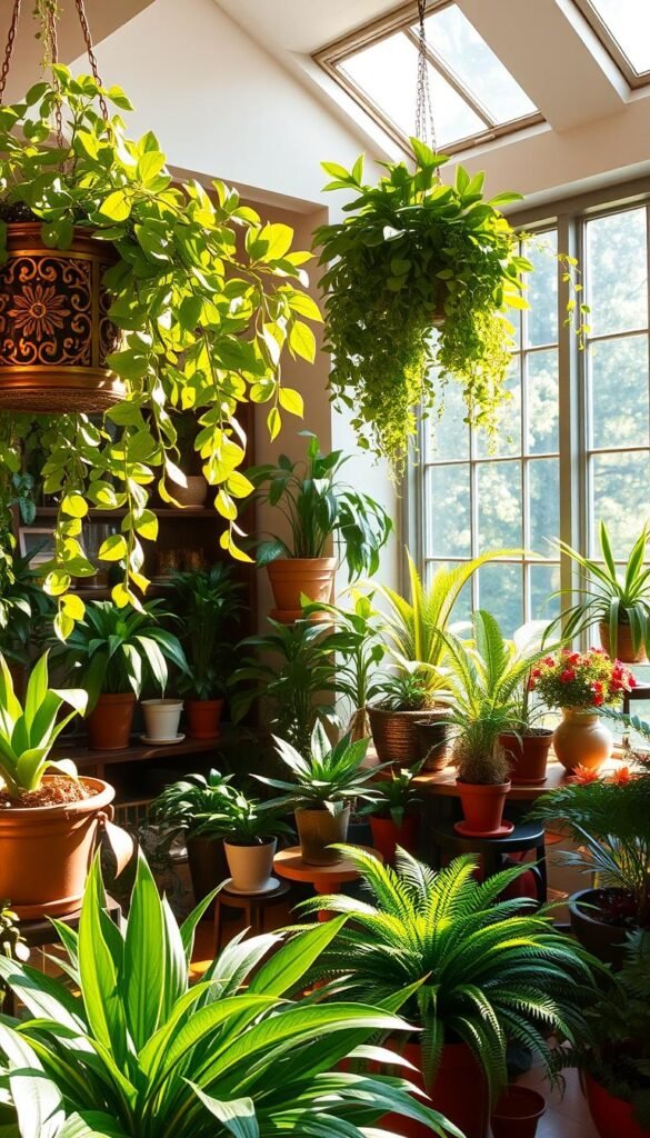 A lush and vibrant indoor garden party scene, bathed in warm, soft lighting. The foreground features a variety of thriving houseplants, their verdant foliage cascading gracefully from ornate, hanging planters. In the middle ground, a mix of potted palms, ferns, and flowering plants are arranged tastefully on shelves and side tables, creating a verdant oasis. The background showcases a sun-dappled, floor-to-ceiling window, allowing natural light to filter in and accentuate the rich textures and colors of the plants. The overall mood is one of tranquility and elegance, perfectly capturing the essence of incorporating greenery into a festive indoor setting.