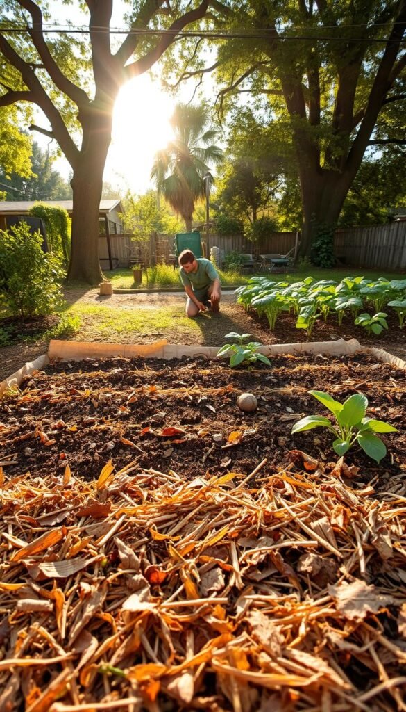 A lush backyard garden, the soil preparation process of sheet mulching in full display. In the foreground, layers of organic materials - cardboard, leaves, straw - are carefully arranged, forming a dense, nutrient-rich base. In the middle ground, a gardener kneels, gently tamping down the layers, ensuring an even surface. Sunlight filters through the canopy of mature trees, casting a warm, golden glow over the scene. The background features a well-tended vegetable patch, the plants thriving in the newly prepared soil, ready for the next stage of the gardening journey. A serene, earthy atmosphere pervades, capturing the essence of sustainable backyard gardening.