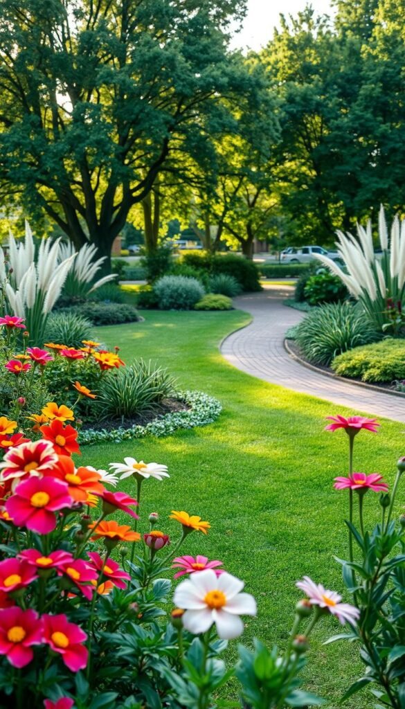 A lush, balanced garden with a harmonious color palette. In the foreground, a variety of vibrant flowers bloom, their petals gently swaying in the soft breeze. The middle ground features a well-manicured lawn, dotted with strategically placed shrubs and ornamental grasses in complementary hues. In the background, a brick-paved path winds through a canopy of mature trees, dappled sunlight casting a warm, inviting glow over the entire scene. The overall composition exudes a sense of tranquility and effortless elegance, perfectly capturing the essence of an eclectic gardening aesthetic. Crisp, high-resolution photograph taken with a wide-angle lens, highlighting the depth and balance of the color palette.