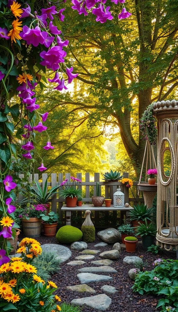 A lush, bohemian garden oasis filled with vibrant colors and captivating textures. In the foreground, cascading vines and blooming flowers in shades of fuchsia, violet, and golden yellow create a whimsical tapestry. The middle ground features a rustic wooden bench surrounded by an eclectic mix of potted plants, mossy stones, and woven macrame accents. In the background, a verdant canopy of towering trees filters the warm, golden sunlight, casting a serene, nature-inspired glow. The overall scene evokes a sense of carefree, free-spirited charm and a harmonious blend of natural elements.