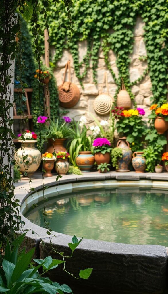 A lush, boho-inspired garden scene with a tranquil, natural water feature at its center. In the foreground, cascading vines and trailing greenery frame the serene pool, their delicate tendrils dipping gracefully into the still waters. Mid-ground, ornate ceramic pots and woven baskets overflow with vibrant flowers and trailing foliage, creating a colorful, textured tapestry. In the background, a rustic stone wall is draped with verdant ivy, lending an earthy, ancient charm. Soft, diffused natural lighting bathes the scene, imbuing it with a warm, golden glow and a sense of peaceful, organic harmony.
