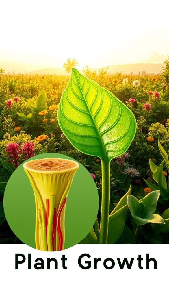 A lush, botanically accurate illustration of plant growth factors. In the foreground, a magnified cross-section of a plant stem, revealing its intricate internal structures - the vascular bundles, meristematic cells, and conductive tissues that enable rapid growth. In the middle ground, a vibrant green leaf, its surface glistening with dew, highlighting the stomata and chloroplasts responsible for photosynthesis. In the background, a panoramic view of a flourishing garden, with diverse plant species basking in warm, directional lighting, conveying the ideal environmental conditions for accelerated growth. Rendered with a soft, naturalistic aesthetic, this image effectively communicates the key physiological mechanisms and environmental factors that contribute to the fast-paced development of thriving, healthy plants.