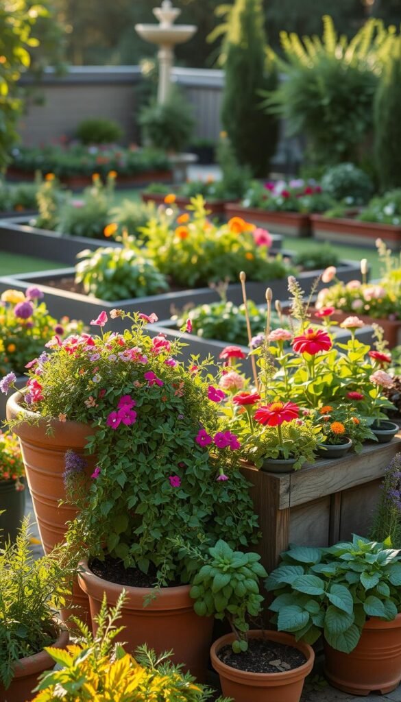 A lush, bountiful container garden brimming with vibrant flowers and herbs, set against a backdrop of a tranquil, well-manicured backyard. In the foreground, an assortment of terracotta pots and wooden planters overflowing with cascading vines, colorful blooms, and fragrant foliage. The middle ground features a mix of raised garden beds filled with a variety of flourishing plants, creating a harmonious and visually appealing composition. Soft, warm lighting filters through the scene, casting a golden glow and highlighting the texture and details of the various elements. The overall atmosphere evokes a sense of serene, natural beauty and a welcoming, relaxing outdoor retreat.