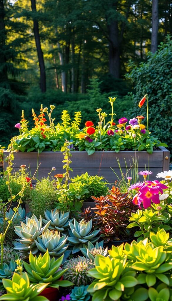 A lush, carefully curated container garden showcasing a variety of thriving plants. In the foreground, an artfully arranged assortment of potted succulents, trailing vines, and vibrant flowers, illuminated by warm, golden sunlight. The middle ground features a raised garden bed overflowing with leafy greens, herbs, and colorful blooms, framed by rustic wooden planters. In the background, a verdant backdrop of towering trees and verdant foliage creates a serene, natural ambiance. The overall composition conveys a sense of harmony, creativity, and a calming, earthy aesthetic, inviting the viewer to imagine the perfect outdoor oasis.