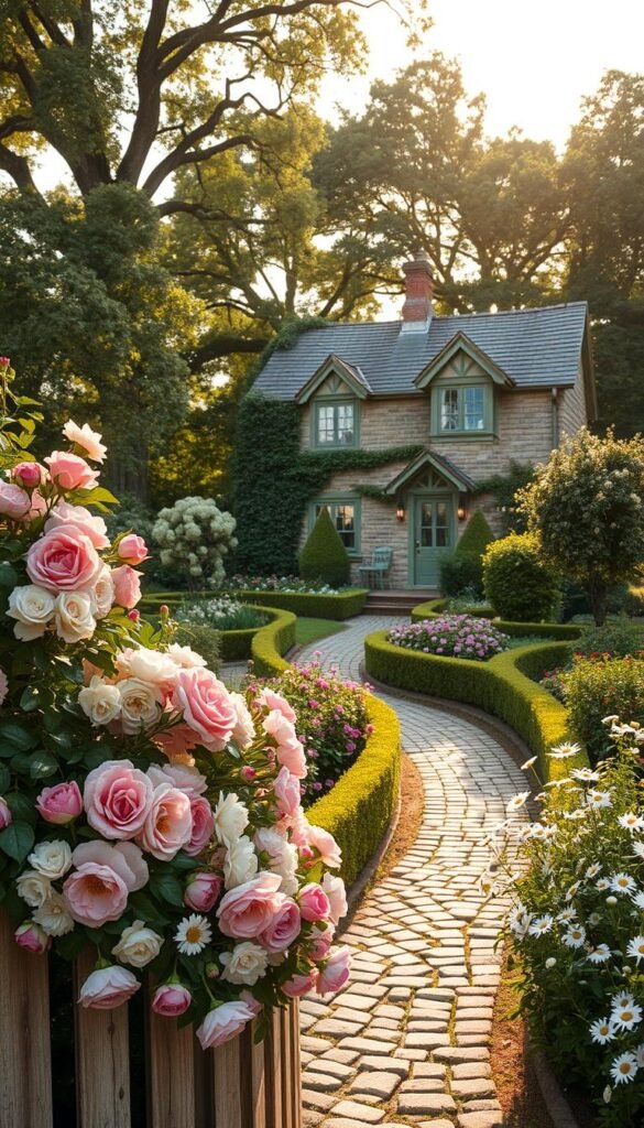 A lush, charming cottage garden in the golden glow of a summer afternoon. In the foreground, a profusion of vintage-inspired blooms - fragrant roses, delicate peonies, and cheerful daisies - spill over a weathered wooden fence. Winding paths of cobblestone lead through the middle ground, flanked by neatly trimmed hedges and trailing vines. In the background, a cozy stone cottage nestled among towering oak trees, its quaint dormer windows and climbing ivy evoking a sense of timeless, rustic elegance. Soft, diffused light filters through the canopy, casting a warm, dreamy atmosphere over the entire scene. A tableau of rustic charm and vintage botanical beauty.
