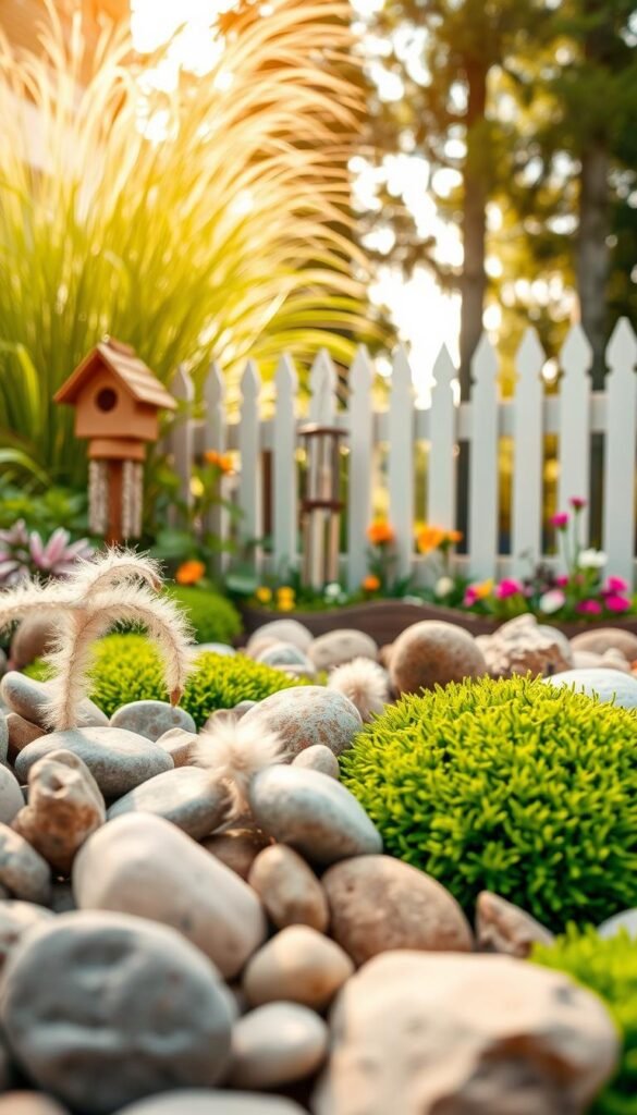 A lush, child-friendly garden scene with a warm, inviting atmosphere. In the foreground, a variety of tactile materials are thoughtfully arranged - smooth river rocks, fuzzy lamb's ear, and vibrant green moss. The middle ground showcases a mix of whimsical garden elements: a small wooden birdhouse, a wind chime gently swaying, and a row of colorful flowers. The background features a picket fence, partially obscured by tall, swaying grass and a few towering trees that filter the soft, diffused sunlight. The overall composition creates a serene, sensory-rich environment perfect for curious young explorers to discover and engage with.