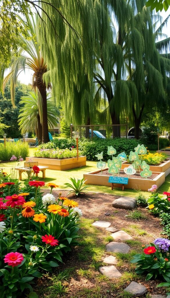 A lush, child-friendly garden with vibrant flowers, whimsical shapes, and gentle lighting. In the foreground, a small path winds through low-growing plants, inviting little hands to explore. Midground features raised garden beds filled with fragrant herbs and vegetables, positioned at an accessible height. The background showcases a variety of tall, swaying trees providing natural shade and a serene ambiance. Dappled sunlight filters through the leaves, casting a warm, welcoming glow across the entire scene. Smooth, rounded edges on the garden features ensure a safe, accessible space for curious preschoolers to engage with nature.