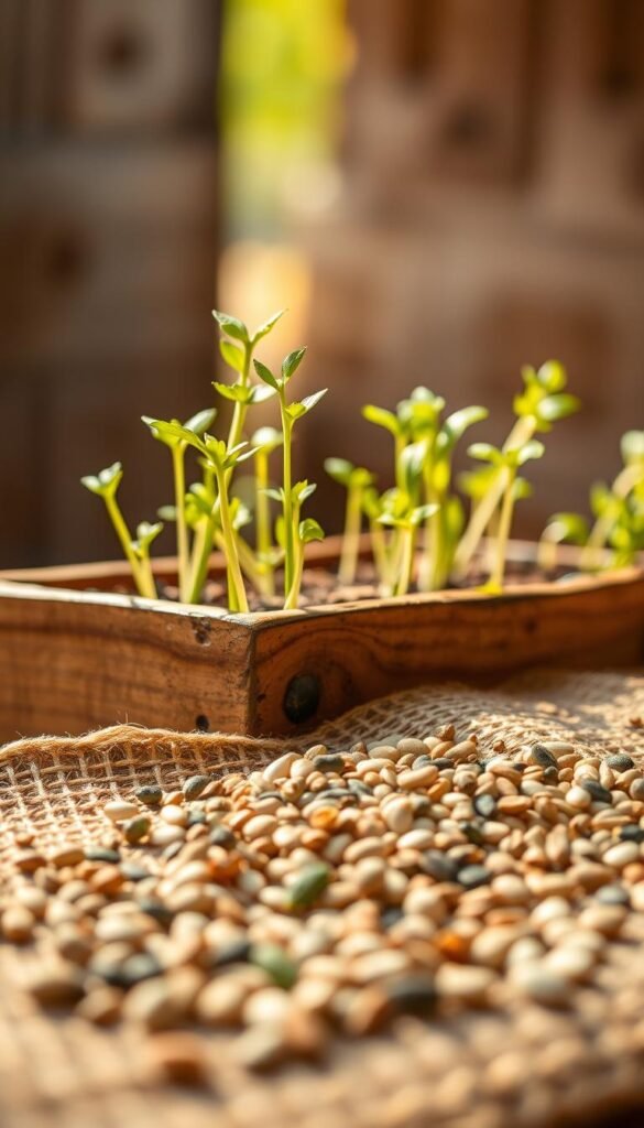 A lush, close-up view of freshly sprouted herb seedlings and neatly arranged herb seeds in an earthy, rustic setting. The seedlings, their delicate leaves reaching towards the warm, natural light, stand in a wooden planter or tray, their verdant hues contrasting beautifully with the weathered wood. In the foreground, a scattering of various herb seeds - their shapes, textures, and colors clearly visible - lies on a rough-hewn surface, perhaps a piece of burlap or a natural fiber mat. The background gently fades into a softly blurred, atmospheric scene, hinting at the serene, nurturing environment where these herbs will thrive. The overall composition and lighting evoke a sense of care, anticipation, and the promise of a bountiful kitchen garden.