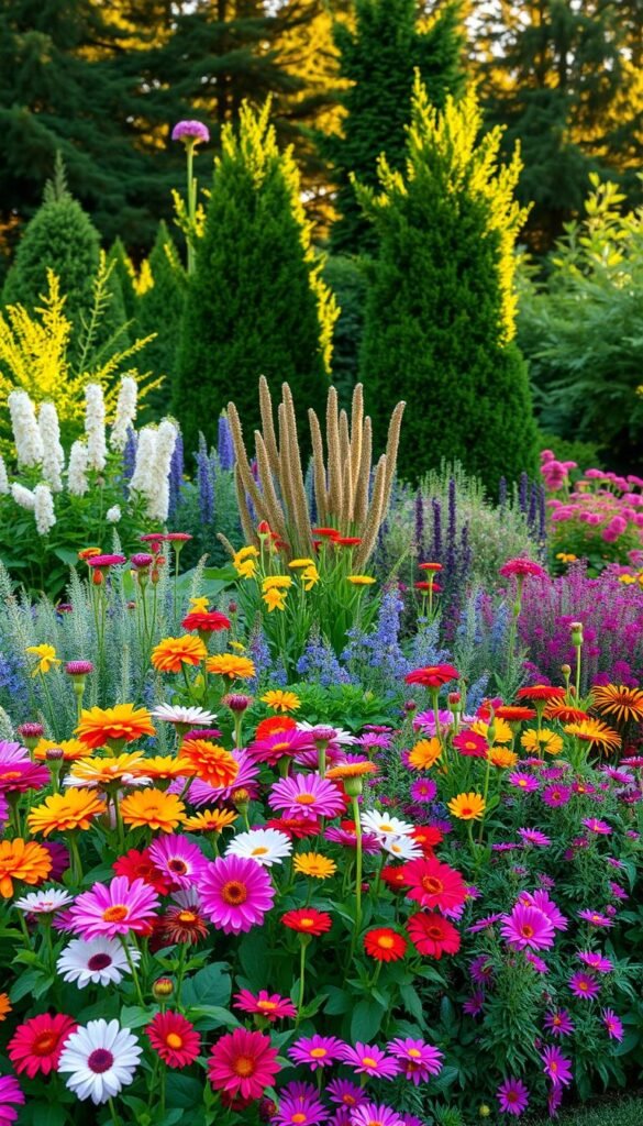 A lush, continuous blooming garden plan, featuring a diverse array of perennial flowers and foliage plants. In the foreground, a vibrant border of colorful blooms - Dahlias, Zinnias, and Cosmos - creating a captivating tapestry of color. The middle ground showcases a mix of textural herbaceous perennials, such as Salvia, Echinacea, and Rudbeckia, their stems swaying gently in a soft breeze. In the background, a backdrop of towering evergreen shrubs and trees, providing a verdant, calming presence. Warm, golden sunlight filters through the canopy, casting a gentle glow over the entire scene. The overall composition conveys a sense of harmony, abundance, and year-round visual interest.