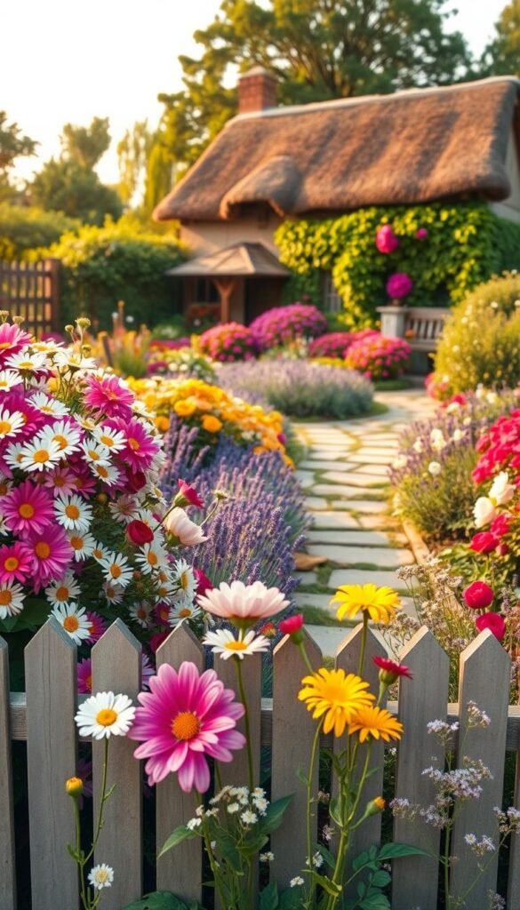 A lush cottagecore garden with a vibrant layered display of blooming flowers. In the foreground, a profusion of vibrant daisy, rose, and peony blossoms spill over a picket fence, their petals gently swaying in the soft, diffused light. In the middle ground, a winding stone path leads through an abundance of flowering plants, including lavender, baby's breath, and delicate wildflowers. The background features a charming cottage with a thatched roof, surrounded by a verdant canopy of trees and shrubs. The overall scene conveys a sense of pastoral tranquility, with warm, golden tones and a shallow depth of field to create a dreamlike, romantic atmosphere.