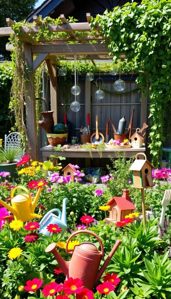 A lush, creative garden oasis with upcycled treasures in the foreground. Vintage watering cans, repurposed planters, and whimsical birdhouses fashioned from salvaged materials dot the vibrant flowerbed. In the middle ground, a rustic potting bench displays an artful arrangement of repurposed tools and hanging glass orbs. The background features a charming arbor draped with cascading vines, creating a serene, sun-dappled atmosphere. The overall scene conveys a sense of eco-conscious ingenuity and a harmonious blend of nature and reclaimed elements.