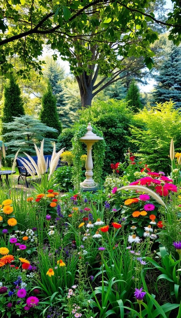 A lush, diverse front garden filled with a vibrant array of flowers, plants, and textures. In the foreground, a mix of colorful perennials, annuals, and ornamental grasses creating a naturalistic, cottage-style aesthetic. The middle ground features a focal point, such as a decorative birdbath or garden sculpture, surrounded by cascading vines and trailing foliage. In the background, a variety of trees and shrubs in different shades of green, providing depth and structure to the scene. Dappled sunlight filters through the canopy, casting a warm, inviting glow over the entire garden. An overall sense of harmony, balance, and visual interest, showcasing how a small front garden can make a great first impression.