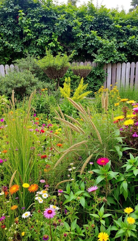 A lush, diverse garden in a state of vibrant chaos. The foreground is a riot of color and texture - sprawling wildflowers, tall grasses, and tangled vines intertwining in a harmonious disarray. In the middle ground, a profusion of leafy shrubs and small trees create a layered, verdant canopy, casting dappled shadows on the ground below. The background reveals a glimpse of a weathered wooden fence, partially obscured by the thriving, unruly growth, hinting at the boundaries this garden has surpassed. Soft, diffused lighting filters through the foliage, imbuing the scene with a sense of natural, organic beauty. The overall impression is one of abundant, untamed life - a celebration of the resilience and interconnectedness of the natural world.