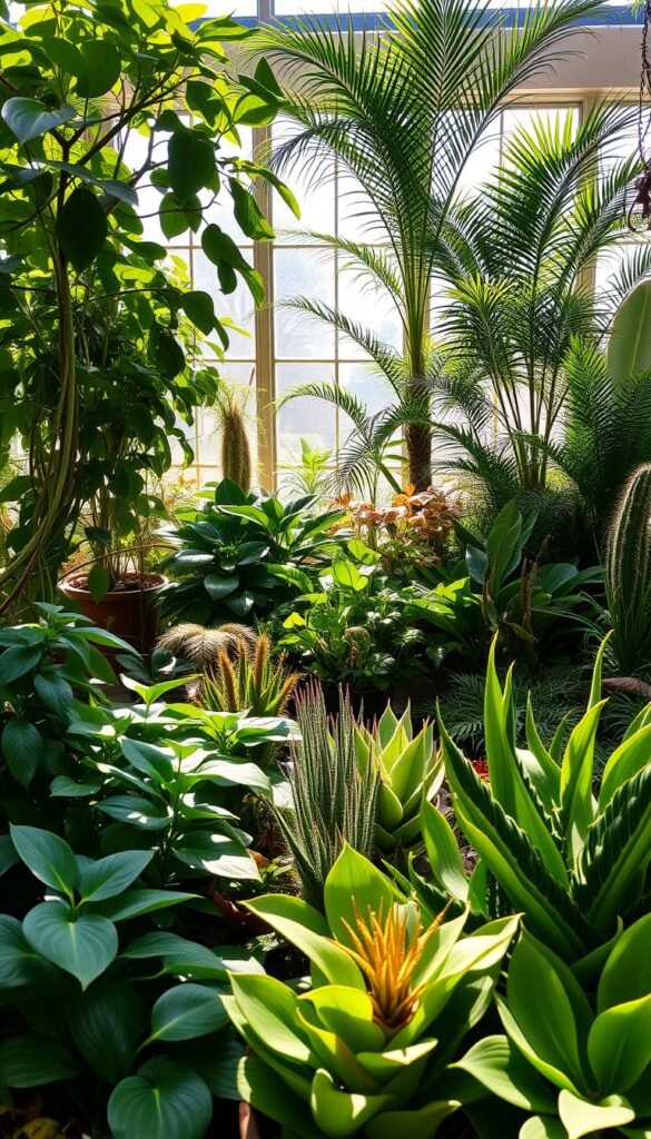 A lush, diverse indoor window garden filled with a variety of low-light and high-light plants. In the foreground, a stunning array of houseplants thrives, including leafy philodendrons, hardy pothos, and elegant snake plants. The middle ground showcases vibrant, full-sun loving succulents and cacti, their intricate shapes and textures complementing the softer foliage. In the background, a few tall, graceful palms and ferns bask in the warm, natural light streaming through the large windows, casting dramatic shadows across the scene. The overall atmosphere is one of tranquility and lush, verdant growth, inviting the viewer to imagine themselves in this serene, indoor oasis.
