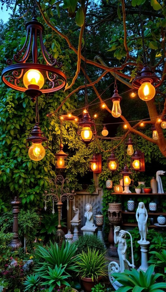 A lush, eclectic garden at dusk, its verdant foliage illuminated by a mix of vintage-inspired lanterns, string lights, and garden path markers. In the foreground, an ornate iron chandelier casts a warm glow over a cluster of potted plants and garden sculptures. The middle ground features a variety of repurposed lighting fixtures, from hanging glass globes to weathered wall sconces, creating a visually striking display. In the background, string lights wind through the tree branches, casting a dreamy, romantic ambiance across the entire scene. The overall atmosphere is one of whimsical elegance, blending modern and vintage elements to evoke a sense of timeless, eclectic charm.