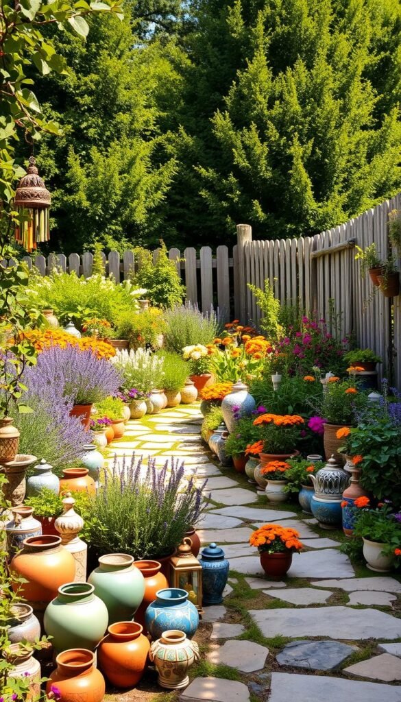 A lush, eclectic garden bursting with a bohemian flair. In the foreground, a colorful array of mismatched ceramic pots and decorative lanterns adorn the winding stone path. Trailing vines and whimsical wind chimes create a sense of enchantment. The middle ground showcases a vibrant mix of flowers, from fragrant lavender to cascading marigolds, all bathed in warm, golden sunlight. In the background, a rustic wooden fence and towering, lush greenery frame the scene, exuding a serene, nature-inspired ambiance. The overall aesthetic is a harmonious blend of natural elements and vintage-inspired accents, evoking a feeling of carefree, bohemian charm.