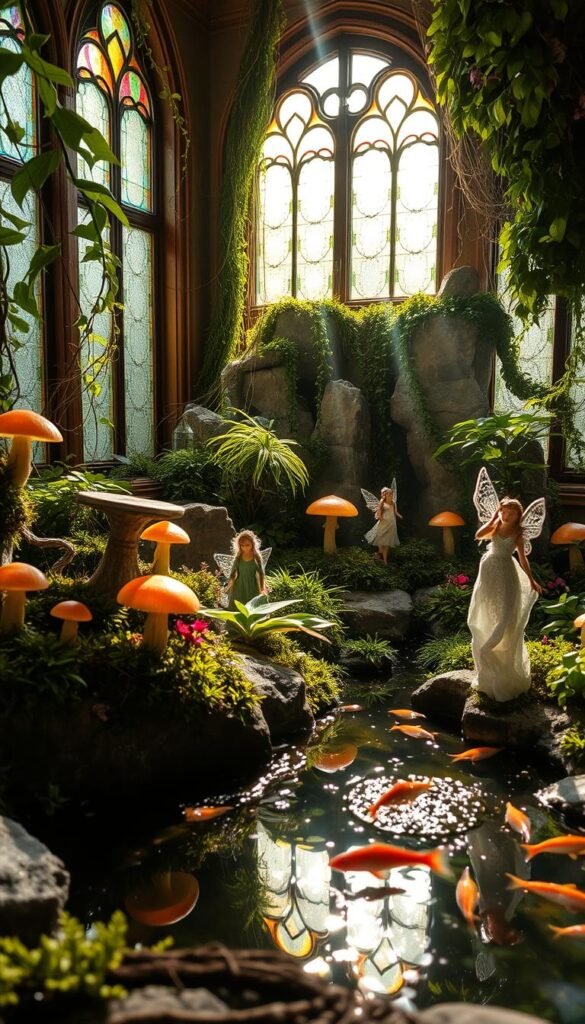 A lush, enchanted indoor fairy garden with cascading vines, glowing mushrooms, and shimmering crystal formations. Sunlight streams through stained glass windows, casting a warm, magical glow. Delicate fairy figurines dance among the verdant flora, their gossamer wings fluttering. A glistening pond reflects the tranquil scene, its surface rippling with the movement of tiny fish. Soft, ambient lighting illuminates the whimsical display, creating an atmosphere of serene wonder. The rich, earthy tones and textures blend seamlessly, immersing the viewer in a captivating, otherworldly oasis.