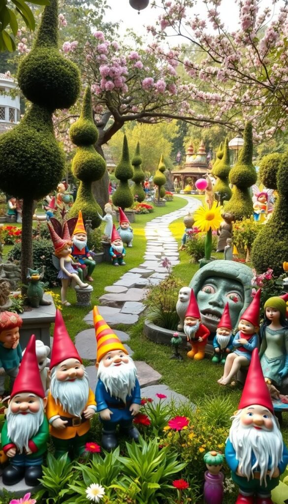 A lush, enchanting garden filled with whimsical decor. In the foreground, a cluster of playful garden gnomes, their jolly expressions and vibrant costumes adding pops of color. Surrounding them, a variety of delightful statues and figurines - fairies, pixies, and other mystical creatures, their details expertly crafted. In the middle ground, a meandering stone path leads deeper into the verdant landscape, flanked by towering topiaries in fantastical shapes. The background features a canopy of blooming flowers and foliage, casting a warm, magical glow across the scene. Soft, diffused lighting bathes the entire garden, creating an atmosphere of wonder and enchantment. Captured with a wide-angle lens to showcase the depth and grandeur of this whimsical oasis.