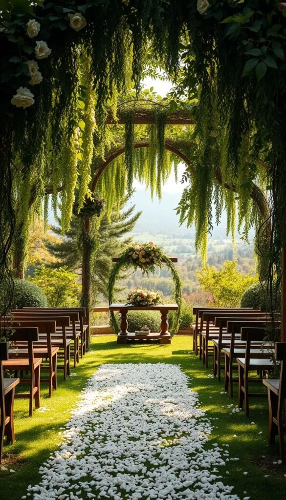 A lush, enchanting garden setting with an ornate archway draped in cascading vines, flowers, and greenery. In the foreground, an aisle lined with delicate petals leads to a rustic wooden altar adorned with a harmonious arrangement of seasonal blooms. Soft, diffused natural lighting filters through the verdant canopy, casting a warm, romantic glow over the scene. The middle ground features rows of wooden benches for guests, while the background showcases a picturesque landscape of rolling hills and a distant forest. An overall atmosphere of tranquility, elegance, and natural beauty, perfectly capturing the essence of an unforgettable garden wedding ceremony.