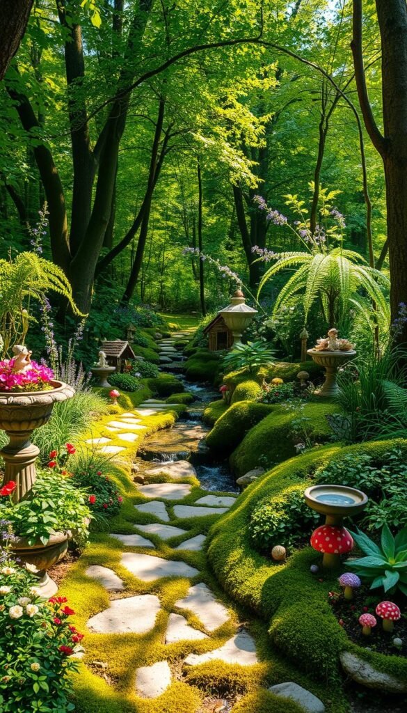 A lush, enchanting outdoor fairy garden nestled in a sun-dappled forest clearing. In the foreground, a meandering stone path winds through a profusion of vibrant flowers, mosses, and whimsical fairy figurines. Delicate ferns and trailing vines cascade from ornate planters and weathered birdbaths. Gentle sunlight filters through the canopy of verdant trees, casting a warm, magical glow over the tranquil scene. In the middle ground, a small, bubbling stream flows over mossy rocks, its gentle melody complementing the rustling of leaves. Tucked amidst the foliage, miniature fairy houses and enchanted toadstools peek out, inviting visitors to explore this wondrous, whimsical retreat. An aura of enchantment and wonder permeates the entire composition.