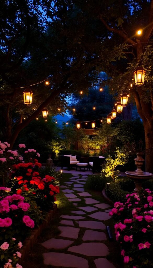 A lush, evening garden with softly glowing lanterns and string lights casting a warm, ambient glow across the scene. In the foreground, a stone pathway winds through a vibrant array of blooming flowers and foliage. Overhead, a canopy of trees filters the fading daylight, creating a sense of intimate, natural enclosure. In the middle ground, a small seating area with cozy outdoor furniture invites one to linger and enjoy the tranquil atmosphere. Towards the back, a decorative water feature reflects the gentle illumination, adding a soothing, melodic element. The overall mood is one of serene enchantment, where the boundaries between indoors and outdoors seem to blur, creating an idyllic, magical oasis.