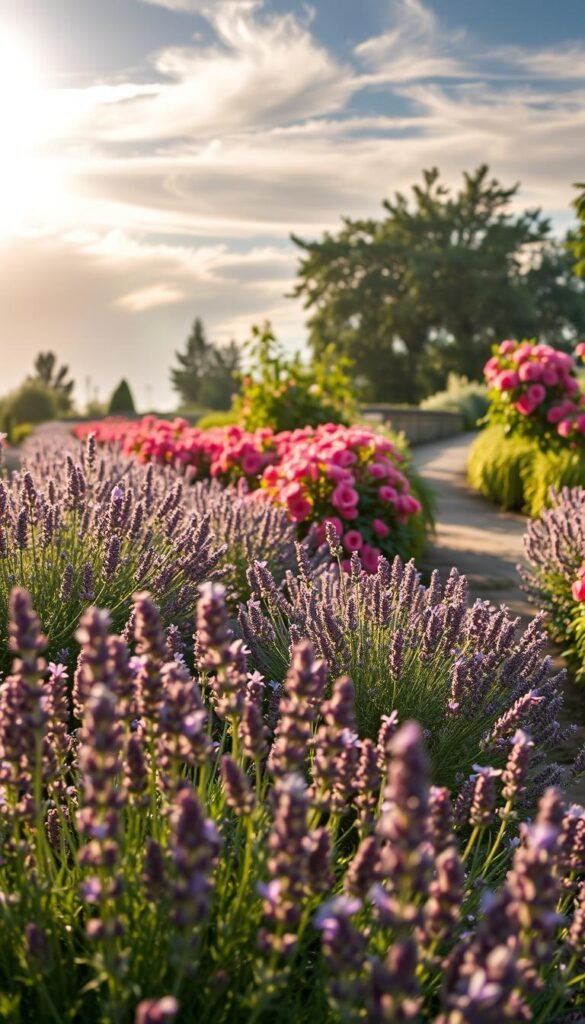 A lush, fragrant garden bed fills the frame, with rows of vibrant lavender flowers and abundant rose bushes in full bloom. The sun filters through wispy clouds, casting a warm, golden glow over the scene. In the foreground, delicate lavender blooms sway gently in a light breeze, their subtle purple hues complemented by the rich crimson of the rose petals. The middle ground showcases the full, sprawling plant life, with the lavender and roses intertwined to create a visually captivating display. In the background, a glimpse of a picturesque garden path leads the eye deeper into the tranquil, verdant landscape. The overall mood is one of serene beauty, inviting the viewer to immerse themselves in the calming ambiance of this fragrant floral haven.