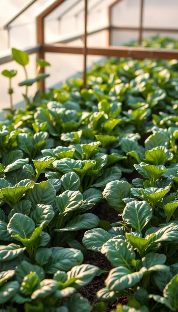 A lush, frost-resistant winter garden brimming with robust, dark green spinach and kale plants. The leafy greens stand tall, their vibrant hues contrasted by the subtle, earthy tones of the soil. Warm, diffused sunlight filters through the clear panels of a cold frame, casting a soft, natural glow over the scene. The plants are arranged in neat rows, their leaves gently swaying in a light breeze. The overall composition evokes a sense of resilience and abundance, perfectly capturing the essence of all-season cold frame gardening.