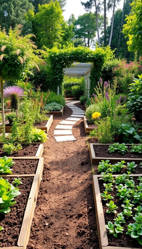 A lush, functional garden layout with a harmonious blend of ornamental plants, vegetable beds, and winding pathways. The foreground features neatly arranged raised garden beds, their soil rich and fertile, ready to nurture a variety of vegetables and herbs. A central, paved walkway leads the eye through the middle ground, flanked by flourishing perennials and shrubbery in a natural, informal arrangement. In the background, a well-placed arbor or trellis supports climbing vines, casting dappled light across the scene. The overall composition exudes a sense of balance, productivity, and tranquility, inviting the viewer to immerse themselves in this beautifully designed, practical outdoor oasis.