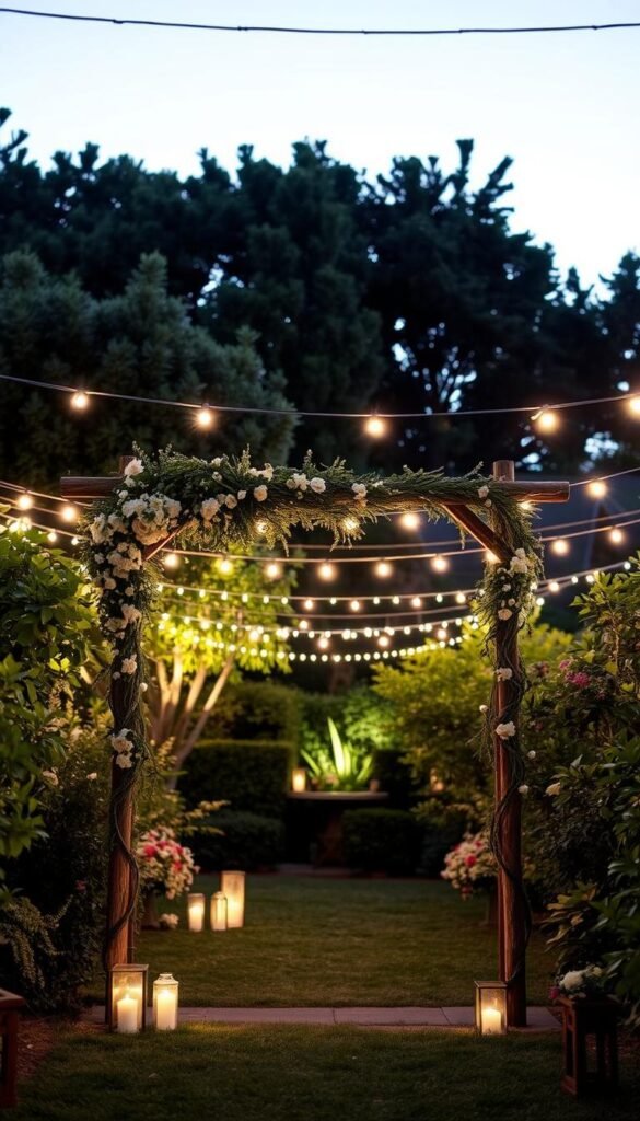 A lush garden at dusk, with string lights gently illuminating the scene. In the foreground, a wooden arch draped with delicate flowers and greenery, creating an enchanting entryway. The middle ground features well-placed lanterns and candles, casting a warm, romantic glow over the surrounding foliage. In the background, a canopy of twinkling lights overhead, like a starry night sky, enveloping the space in an ethereal ambiance. The overall composition evokes a sense of enchantment and whimsy, perfect for an unforgettable garden wedding ceremony.